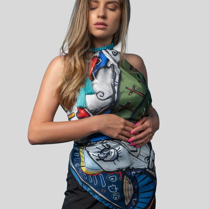 Šátek Víra (Paťaňiben) v modro-hnědé barvě